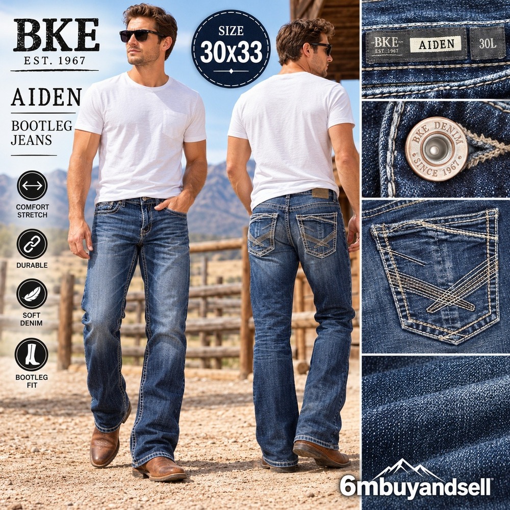 BKE Aiden Bootleg Jeans Mens 30L Dark Wash Stretch Denim ABS21143